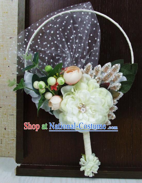 Chinese Traditional Wedding White Peony Round Fans Ancient Bride Handmade Palace Fans for Women