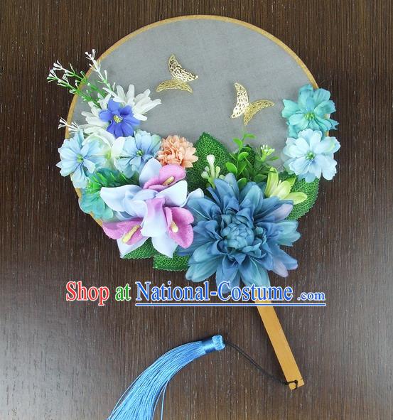 Chinese Traditional Wedding Blue Peony Round Fans Ancient Bride Handmade Palace Fans for Women