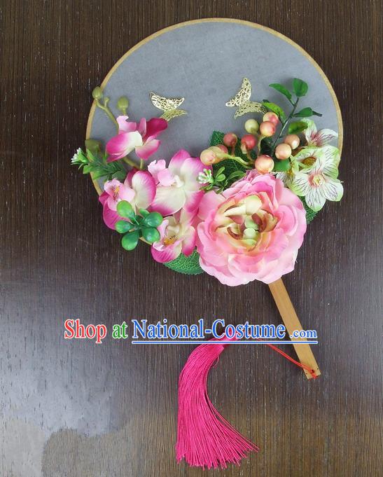 Chinese Traditional Wedding Pink Peony Butterfly Round Fans Ancient Bride Handmade Palace Fans for Women