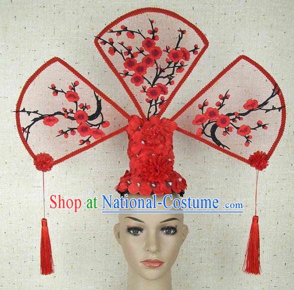 Top Grade Chinese Handmade Red Plum Blossom Headdress Traditional Hair Accessories for Women