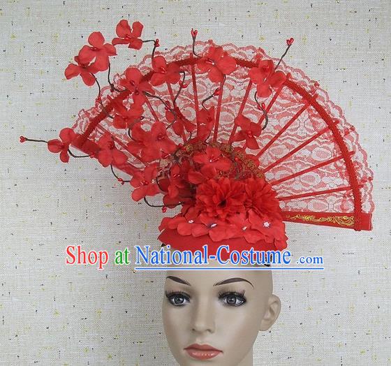 Top Grade Chinese Handmade Red Lace Flowers Headdress Traditional Hair Accessories for Women