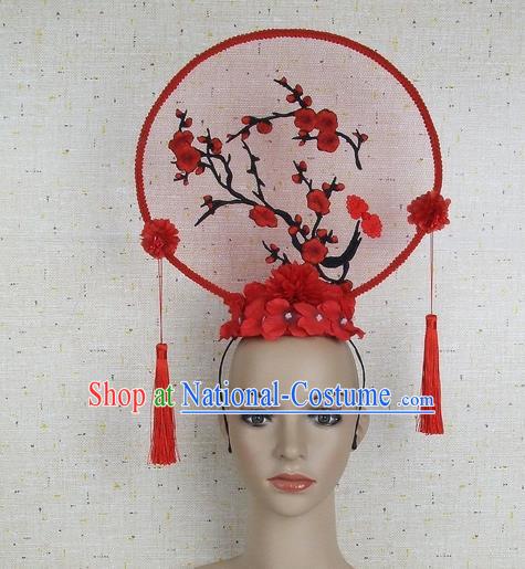 Top Grade Chinese Handmade Red Embroidered Plum Blossom Headdress Traditional Hair Accessories for Women