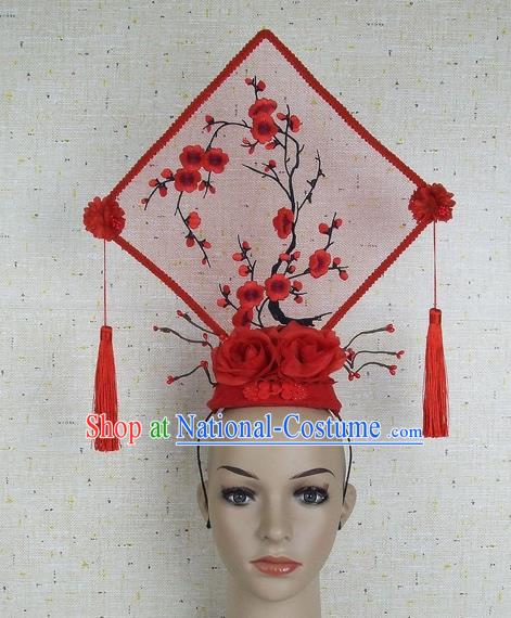 Top Grade Chinese Handmade Red Embroidered Plum Blossom Square Headdress Traditional Hair Accessories for Women