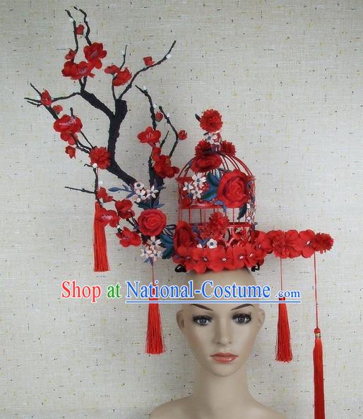 Top Grade Chinese Handmade Red Plum Blossom Birdcage Headdress Traditional Hair Accessories for Women