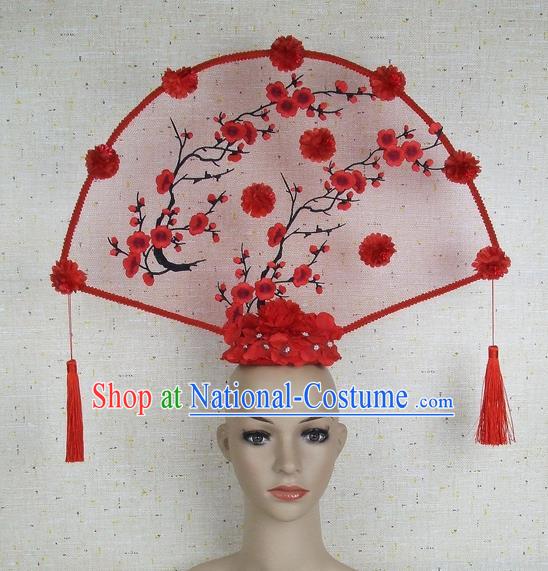 Top Grade Chinese Handmade Red Embroidered Plum Blossom Tassel Headdress Traditional Hair Accessories for Women