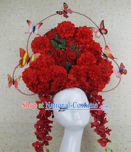 Top Grade Handmade Chinese Red Flowers Palace Hair Clasp Headdress Traditional Hair Accessories for Women