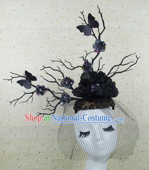 Chinese Traditional Handmade Hair Accessories Halloween Black Peony Butterfly Headwear for Women