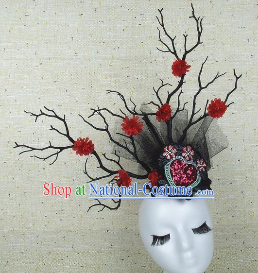 Chinese Traditional Handmade Red Flowers Hair Accessories Halloween Cosplay Headwear for Women