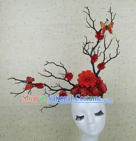 Chinese Traditional Handmade Red Peony Butterfly Hair Accessories Halloween Cosplay Headwear for Women