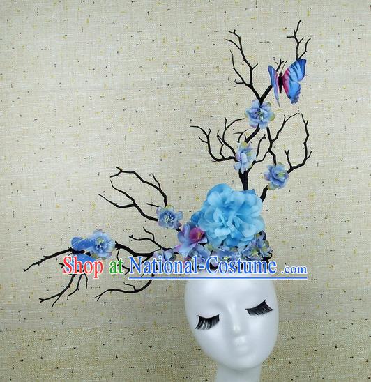 Chinese Traditional Handmade Blue Peony Butterfly Hair Accessories Halloween Cosplay Headwear for Women