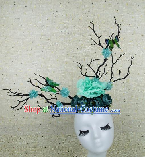 Chinese Traditional Handmade Green Peony Butterfly Hair Accessories Halloween Cosplay Headwear for Women