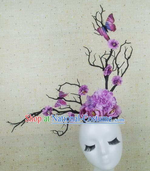 Chinese Traditional Handmade Purple Peony Butterfly Hair Accessories Halloween Cosplay Headwear for Women