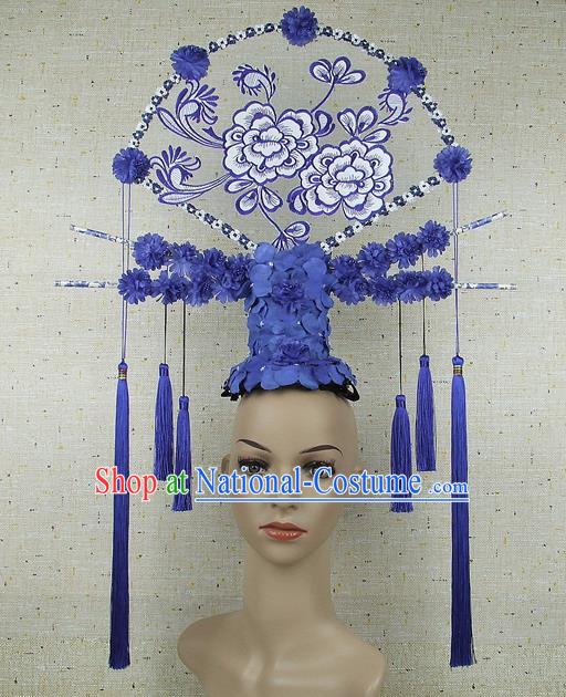 Top Grade Chinese Handmade Blue Flowers Headdress Traditional Hair Accessories for Women