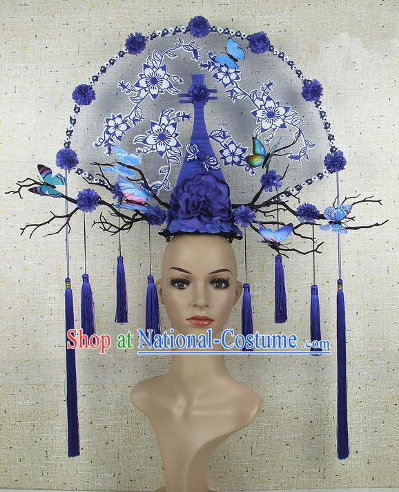 Top Grade Chinese Handmade Blue Lute Peony Headdress Traditional Hair Accessories for Women