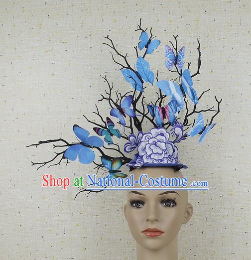 Top Grade Chinese Handmade Blue Butterfly Headdress Traditional Hair Accessories for Women