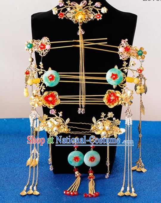 Chinese Traditional Wedding Jade Phoenix Coronet Ancient Bride Handmade Hair Accessories for Women