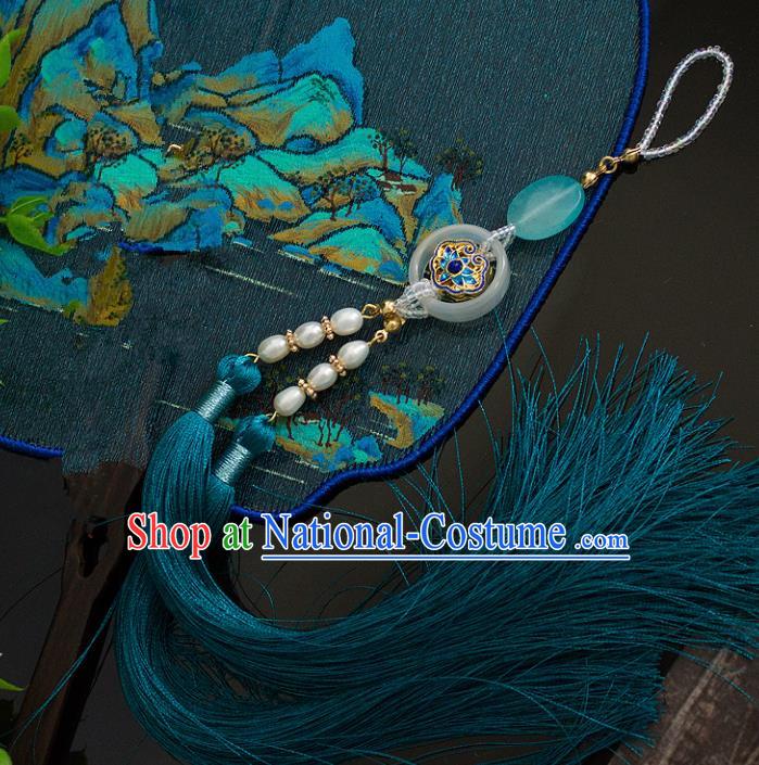 Chinese Traditional Handmade Palace Pearls Waist Accessories Green Tassel Jade Pendant