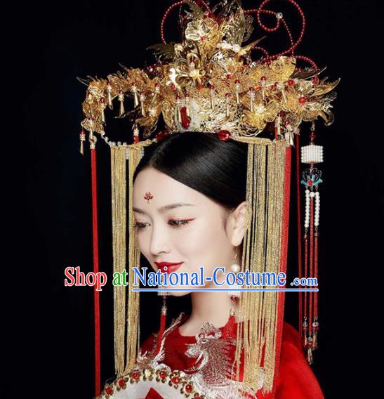 Chinese Traditional Wedding Jade Phoenix Coronet Ancient Bride Handmade Hair Accessories for Women