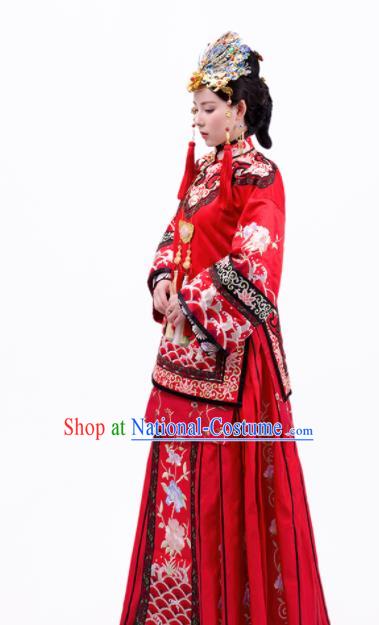 Asian Chinese Ancient Wedding Costumes Traditional Bride Xiuhe Suits Dresses and Headpiece Complete Set