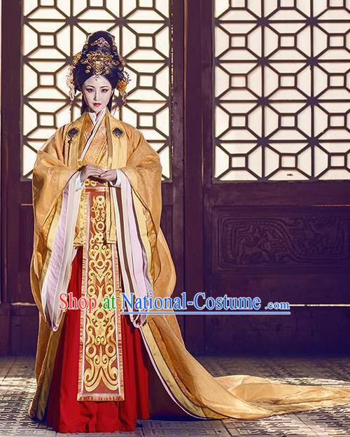 Chinese Ancient Traditional Palace Hanfu Dress Qin Dynasty Empress Embroidered Costumes and Headpiece Complete Set