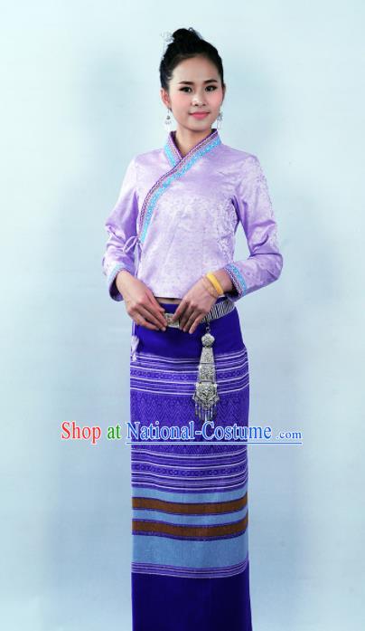 Asian Chinese Ethnic Costumes Traditional Dai Nationality Folk Dance Purple Blouse and Skirt for Women