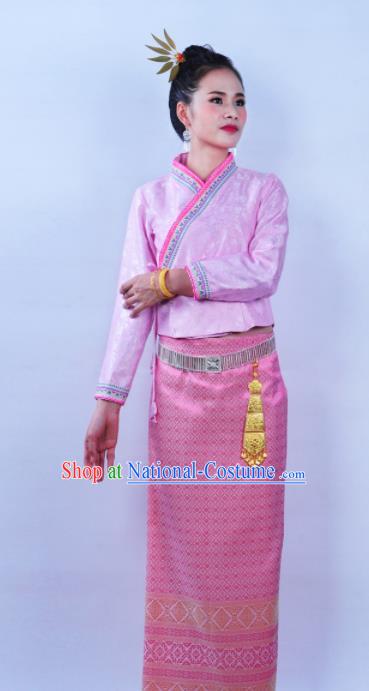 Asian Chinese Ethnic Costumes Traditional Dai Nationality Folk Dance Pink Blouse and Skirt for Women