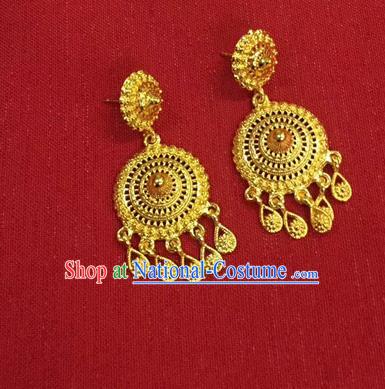 Chinese Ethnic Folk Dance Accessories Traditional Dai Nationality Golden Earrings for Women