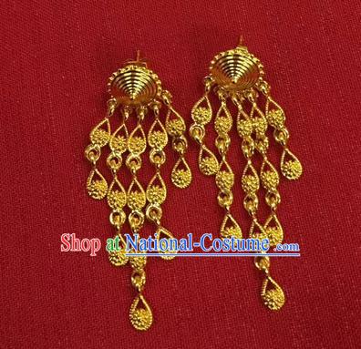 Chinese Ethnic Folk Dance Accessories Traditional Dai Nationality Golden Tassel Earrings for Women