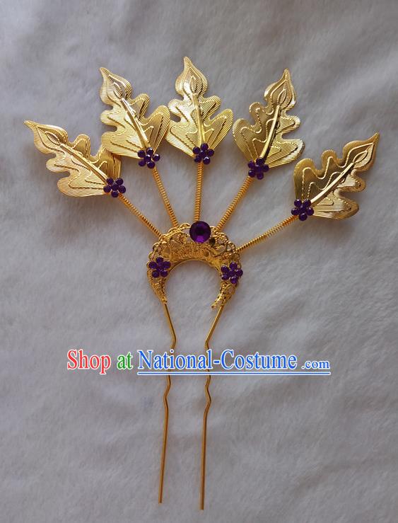 Chinese Ethnic Dai Nationality Folk Dance Hair Accessories Traditional Golden Leaf Hairpins for Women