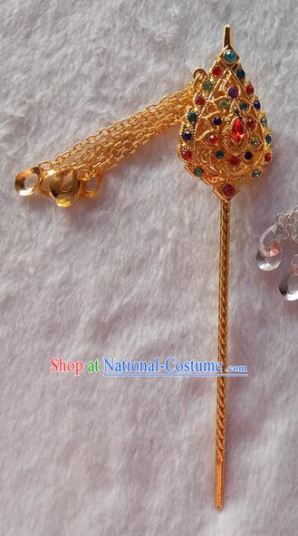 Chinese Ethnic Dai Nationality Hair Accessories Traditional Folk Dance Golden Tassel Hairpins for Women