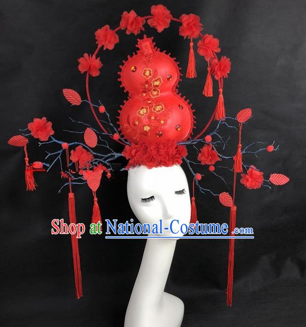 Chinese Traditional Palace Exaggerated Headdress Catwalks Red Cucurbit Hair Accessories for Women