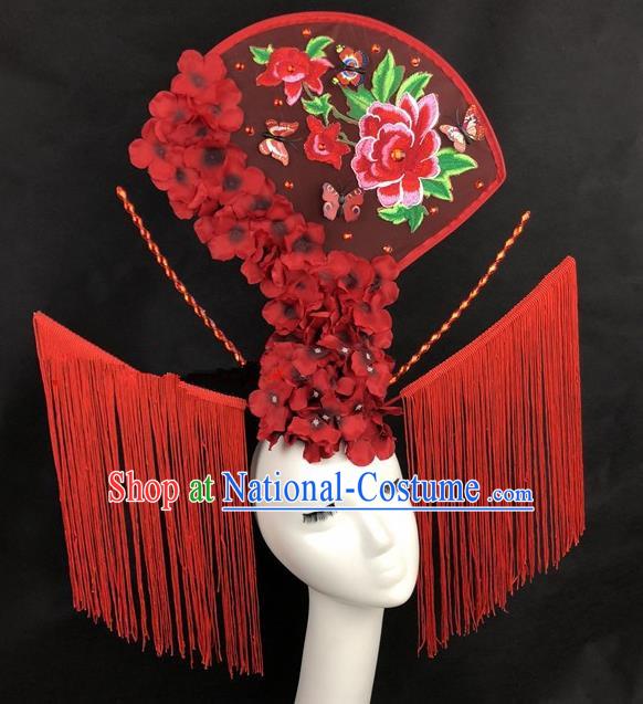 Chinese Traditional Palace Exaggerated Headdress Catwalks Red Peony Tassel Hair Accessories for Women