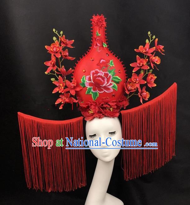 Chinese Traditional Palace Exaggerated Headdress Catwalks Red Flowers Hair Accessories for Women