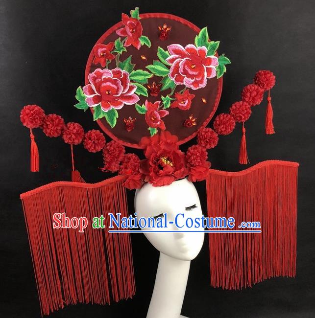 Chinese Traditional Palace Exaggerated Headdress Catwalks Red Tassel Peony Hair Accessories for Women