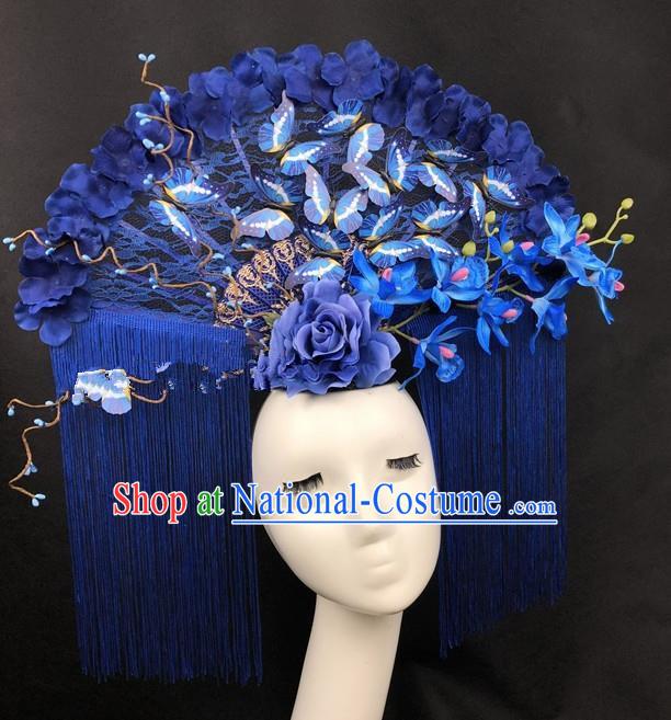 Chinese Traditional Palace Exaggerated Headdress Catwalks Blue Lace Butterfly Hair Accessories for Women