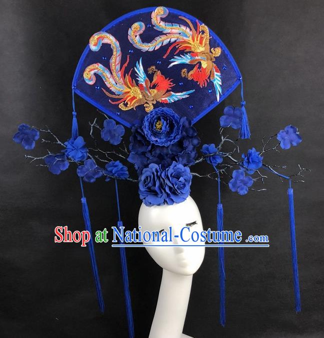 Chinese Traditional Palace Exaggerated Blue Headdress Catwalks Embroidered Phoenix Hair Accessories for Women