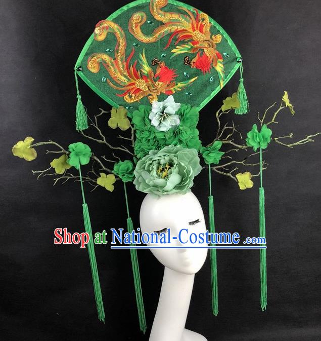 Chinese Traditional Palace Exaggerated Green Headdress Catwalks Embroidered Phoenix Hair Accessories for Women