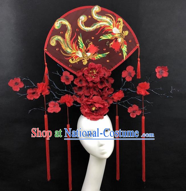 Chinese Traditional Palace Exaggerated Red Headdress Catwalks Embroidered Phoenix Hair Accessories for Women