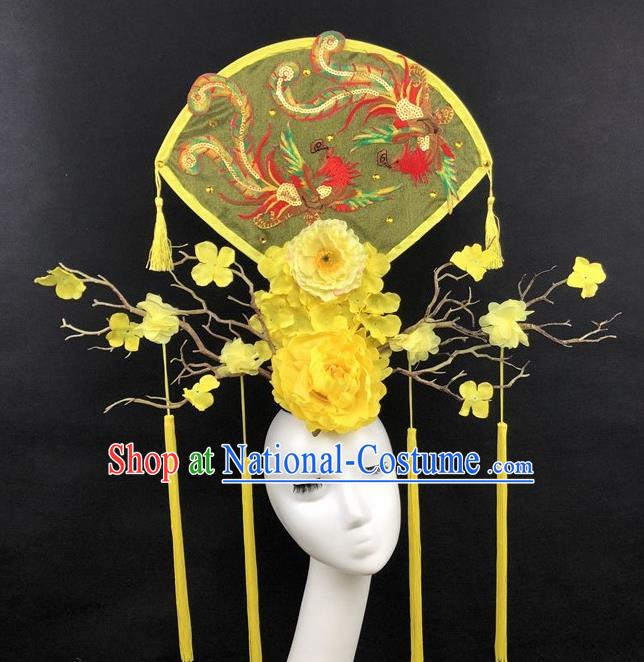 Chinese Traditional Palace Exaggerated Yellow Headdress Catwalks Embroidered Phoenix Hair Accessories for Women