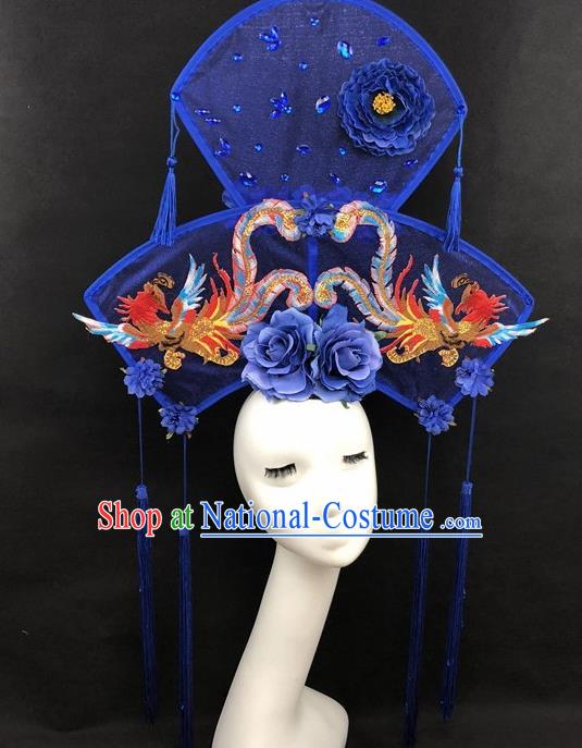 Chinese Traditional Palace Exaggerated Headdress Catwalks Embroidered Phoenix Blue Hair Accessories for Women