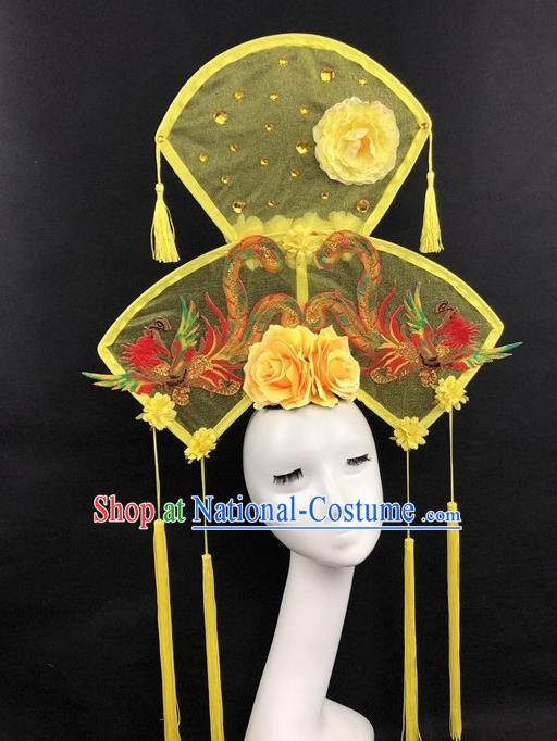 Chinese Traditional Palace Exaggerated Headdress Catwalks Embroidered Phoenix Yellow Hair Accessories for Women