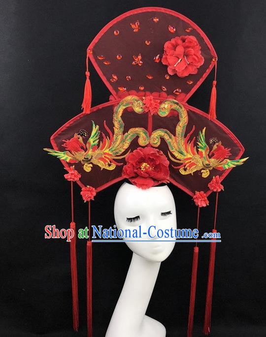 Chinese Traditional Palace Exaggerated Headdress Catwalks Embroidered Phoenix Red Hair Accessories for Women