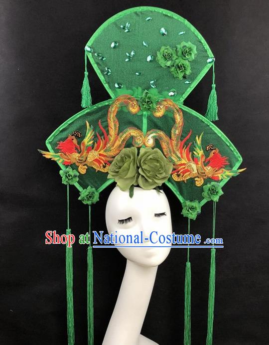 Chinese Traditional Palace Exaggerated Headdress Catwalks Embroidered Phoenix Green Hair Accessories for Women