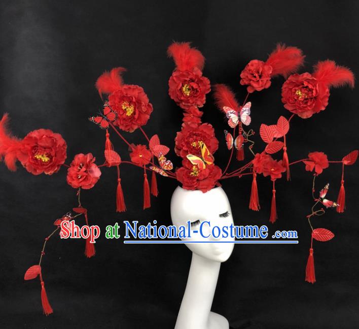 Chinese Traditional Palace Exaggerated Headdress Catwalks Red Peony Hair Accessories for Women