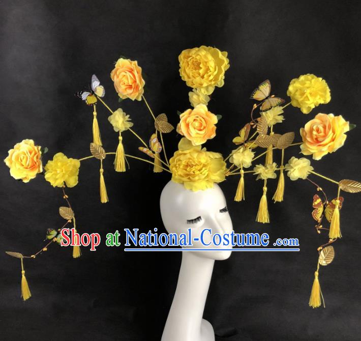 Chinese Traditional Palace Exaggerated Headdress Catwalks Yellow Peony Hair Accessories for Women