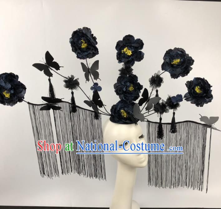 Chinese Traditional Palace Exaggerated Headdress Catwalks Black Peony Hair Accessories for Women