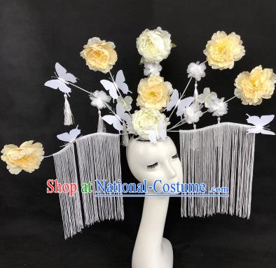 Chinese Traditional Palace Exaggerated Headdress Catwalks White Peony Hair Accessories for Women