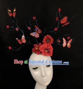 Top Grade Catwalks Hair Accessories Halloween Brazilian Carnival Red Flowers Butterfly Headdress for Kids