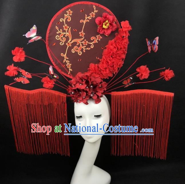 Chinese Traditional Palace Exaggerated Headdress Catwalks Red Butterfly Tassel Hair Accessories for Women