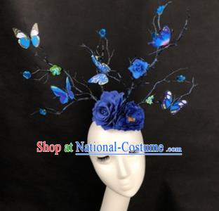 Top Grade Catwalks Hair Accessories Halloween Brazilian Carnival Blue Flowers Butterfly Headdress for Kids